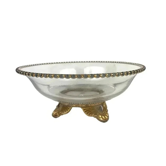 VTG Three Footed Clear Cut Pressed Glass Bowl Gold 3D Embossed Trim - Picture 1 of 13